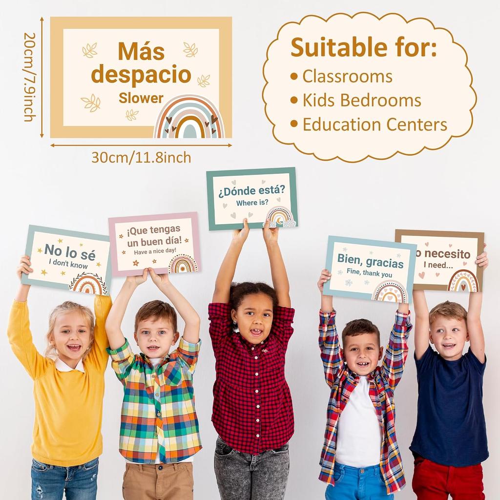 WATINC Spanish Words Phrases Poster - 16pcs Spanish Posters Set Classroom Decorations, Bilingual Study Learning Materials Teacher Supplies, Spanish