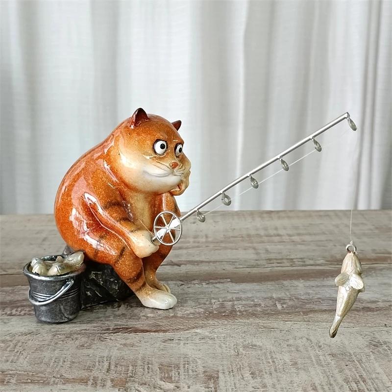 Cute Fishing Cat Miniature Fish Catching Figurine Relaxation Sports Ornament Cartoon Kitty Character Decor Entertainment Craft