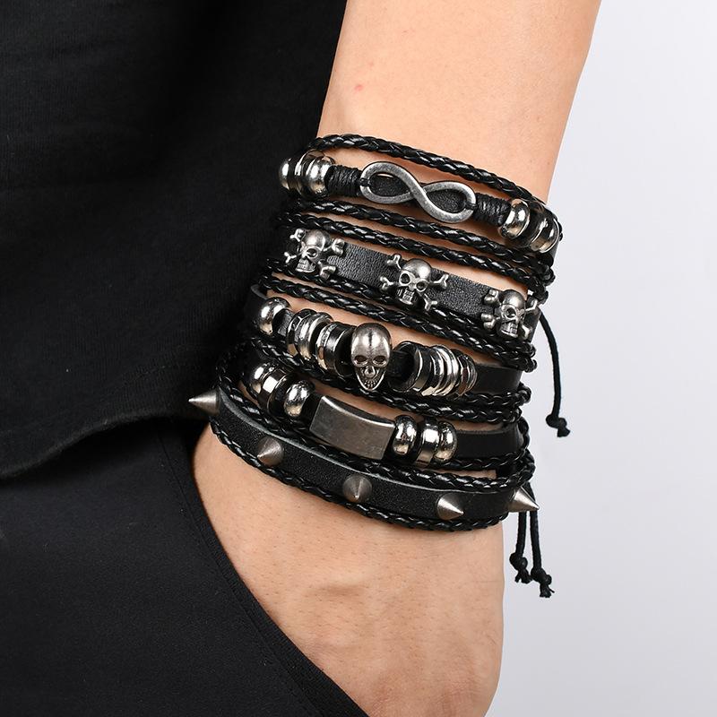 5 Piece Vintage Hip Hop Skull Leather Bracelet for Men's Gothic Punk Teenage Street Jewellery Accessories Man Handmade Bracelet