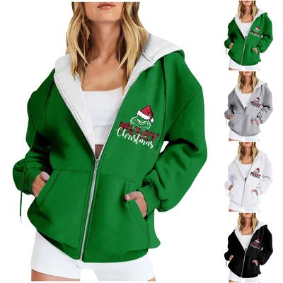 Women's Fashion Casual Printed Long Sleeve Pocket Cardigan Jacket Zipper Hoodie Coat