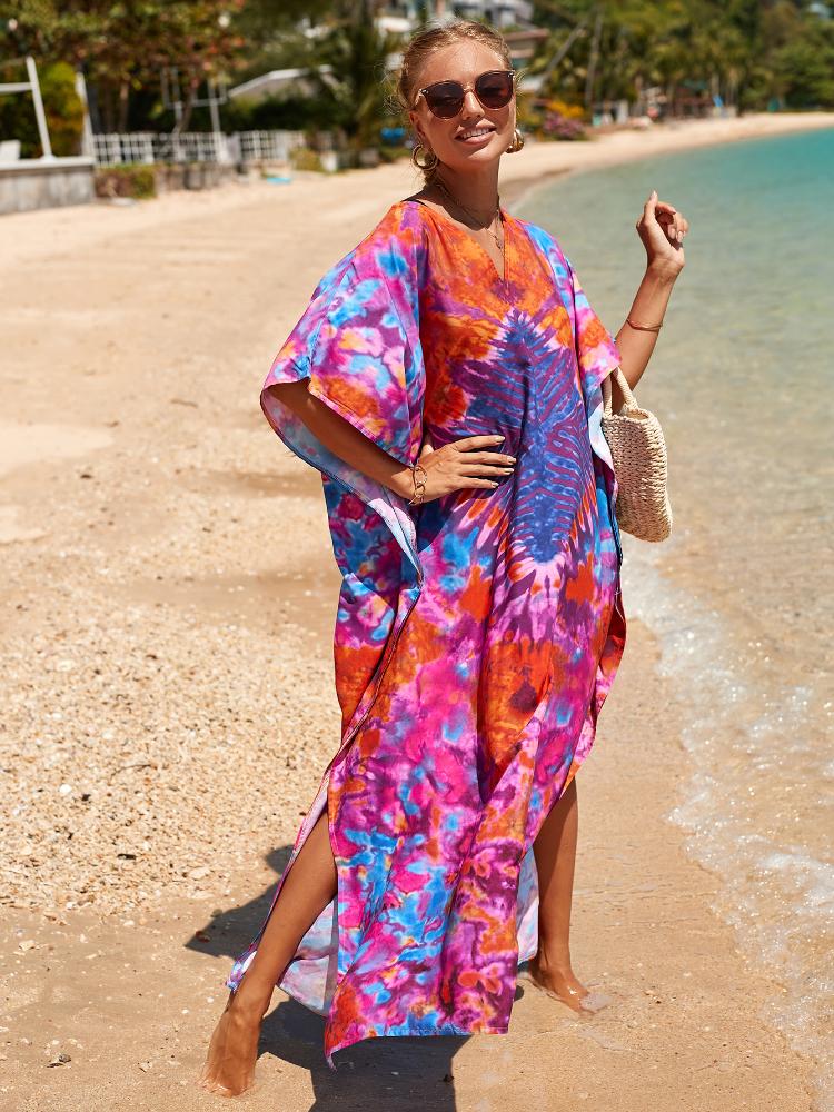 EDOLYNSA Vícebarevný kaftan s bohémským potiskem, s výstřihem do V, netopýřími rukávy, maxi šaty pro ženy, plážové oblečení, maxi šaty s polovičním rukávem, župan