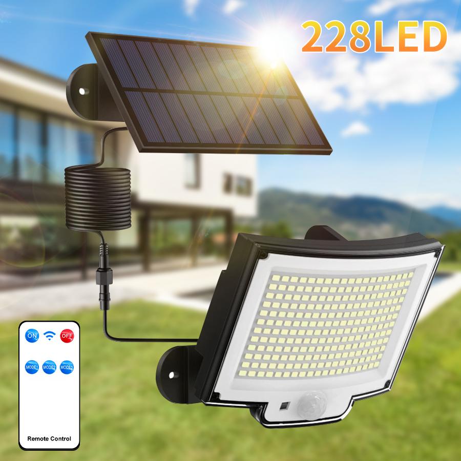 228LED Solar Light Outdoor Waterproof with Motion Sensor Floodlight Remote Control 3 Modes for Path Patio Garage Backyard Street