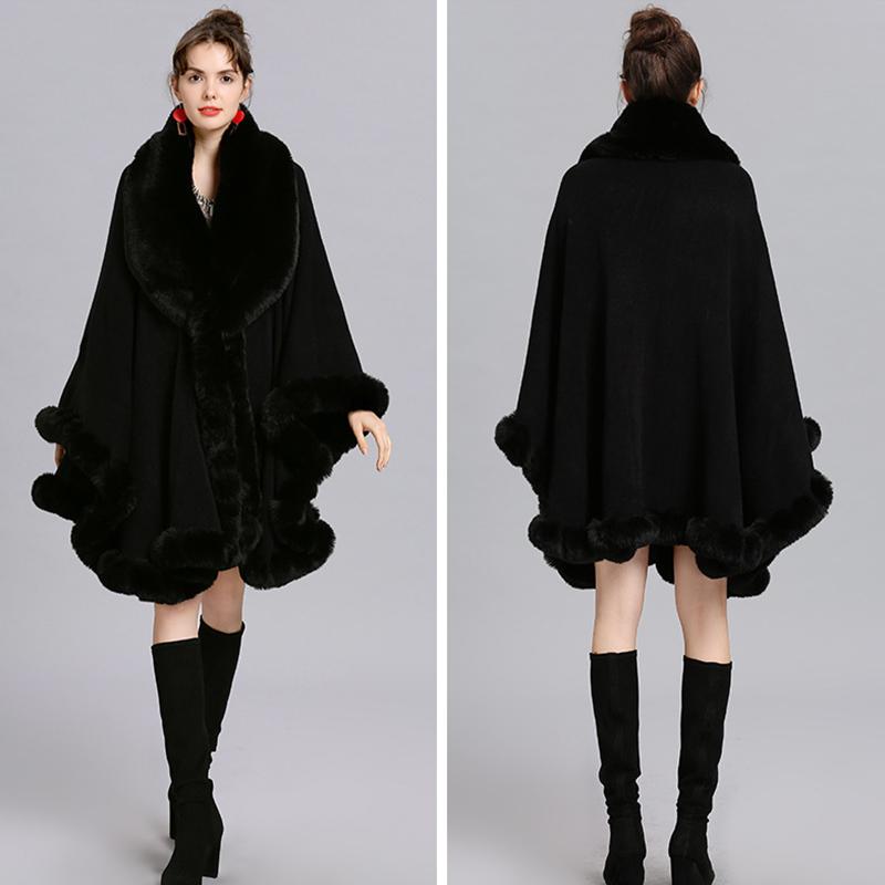 Elegantní V klopa Rex Králičí kožich Pelerína Zimní Dámské Velký Dlouhý šátek Plný střih Umělá kožešina Kašmírový Plášť Kabát Parka