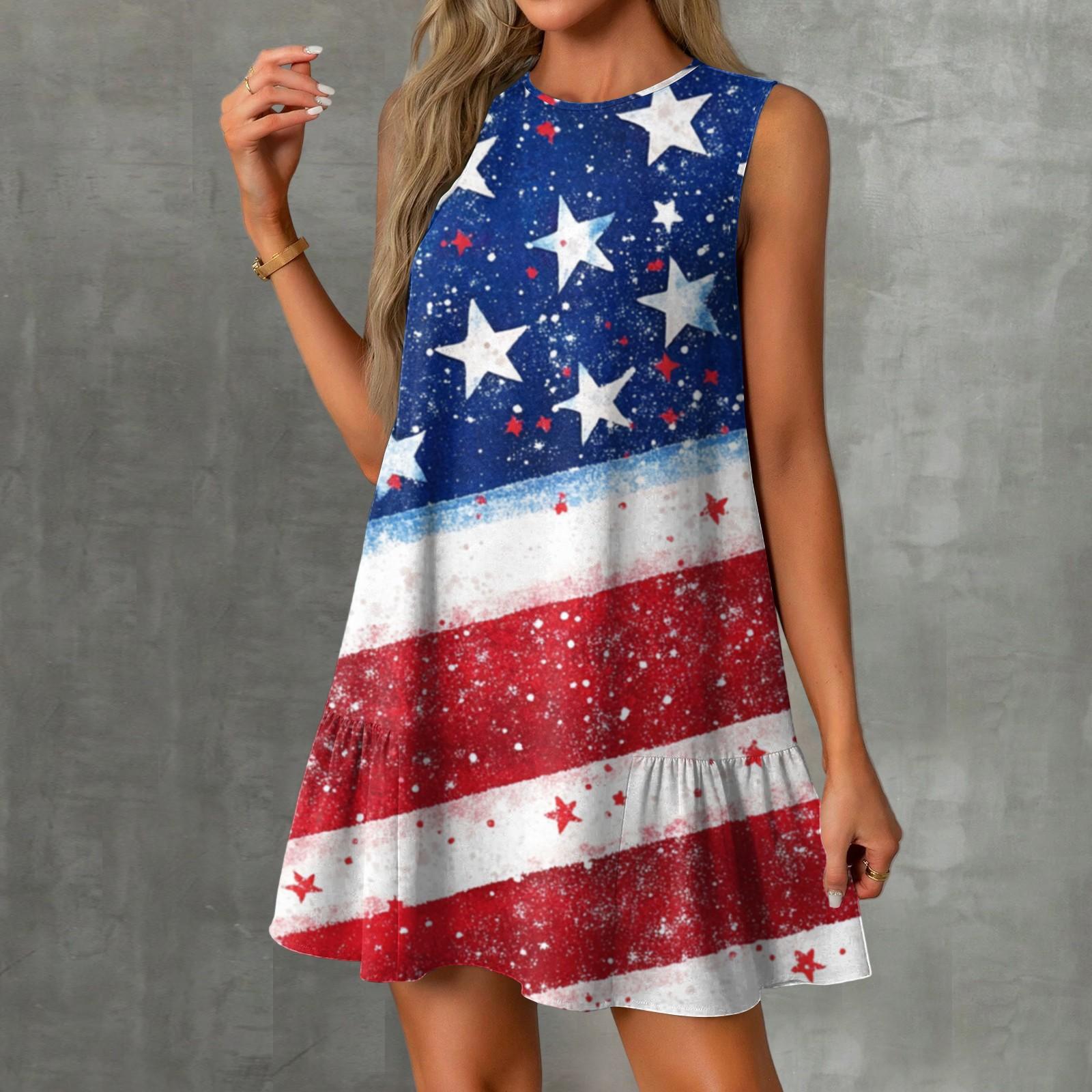 

Женские модные повседневные платья без рукавов с круглым вырезом и оборками с принтом «День независимости» L синий