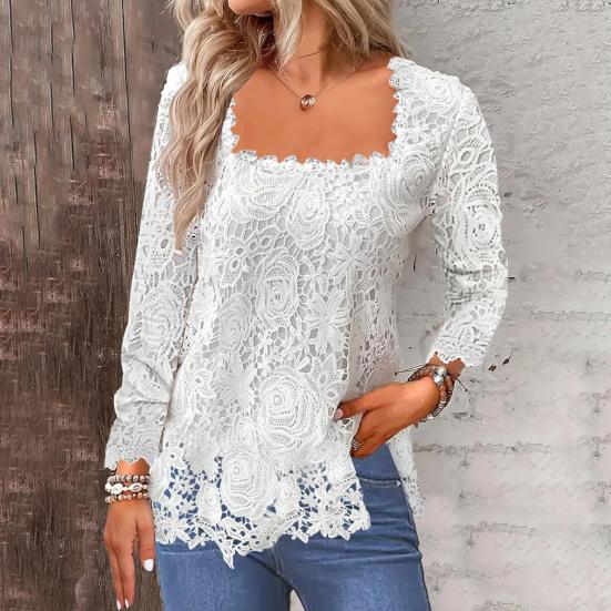 Solid Large Size Neck Color Hollow Out Square Lace Long Sleeve Soft Loose Breathable Pullover T-shirt