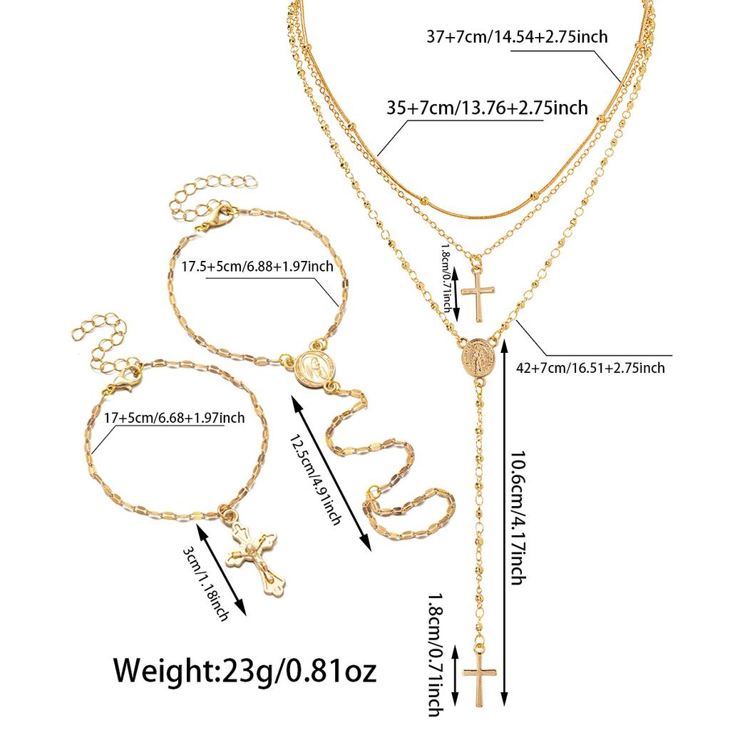 5 Bohemian Style Cross Round Pendant Long Necklace Multi-layer Bracelet Women's Jewelry Set