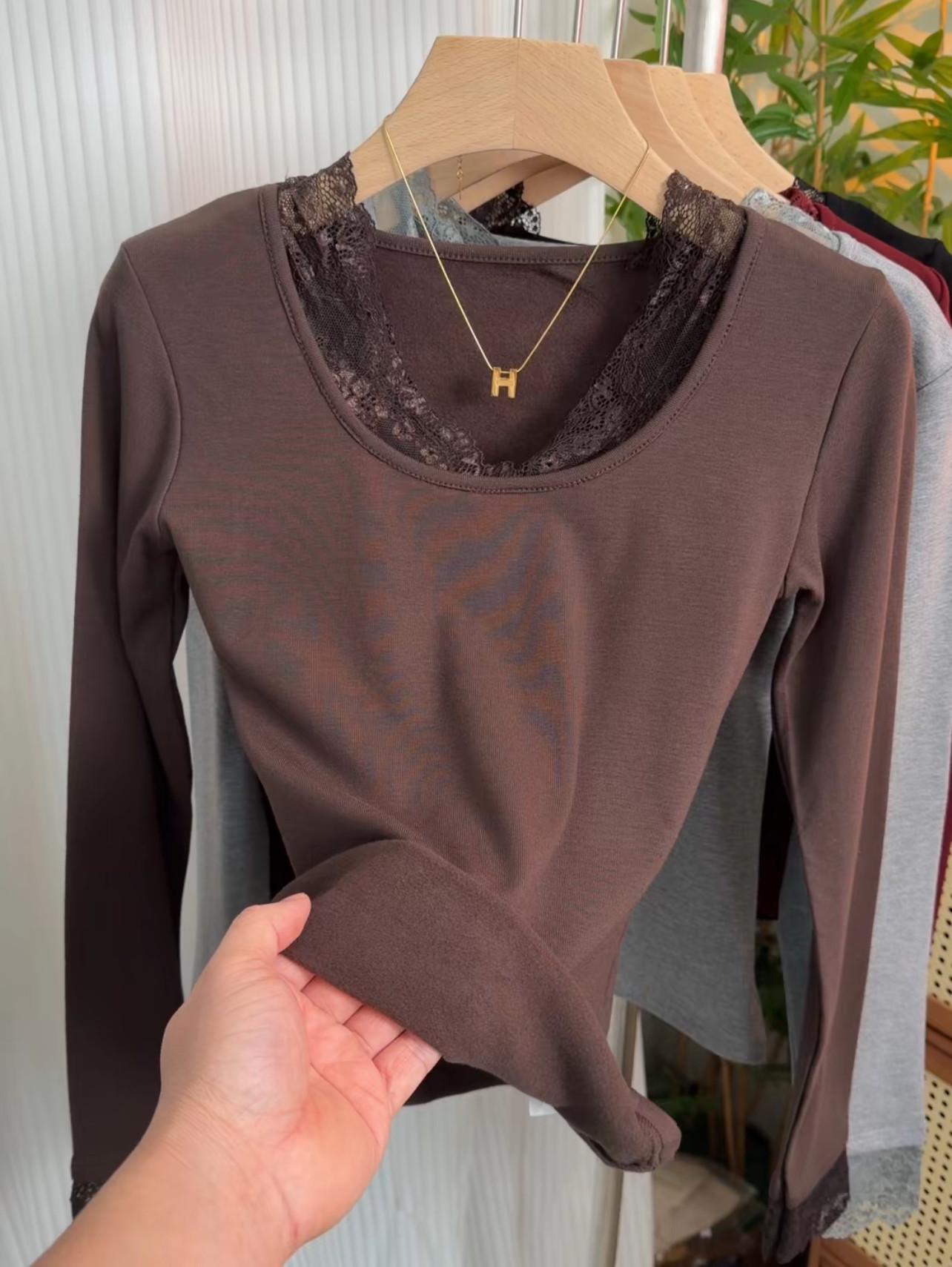 2025 Autumn/Winter Women s Lace Patchwork U-neck Brushed Warm Long-sleeve Slimming T-shirt M (40-50 kg) кофейный