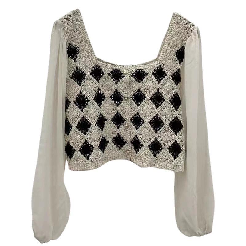 French Hollowed Out Spliced Chiffon Shirt with A Niche Retro Splicing Design, Short Square Collar and Stacked Sleeves, Women's Top