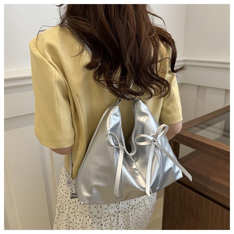 Korean Style Bowknot Faux Leather Bucket Bag for Women, Soft Single Shoulder Hobo Purse, Chic Casual Crossbody Handbag