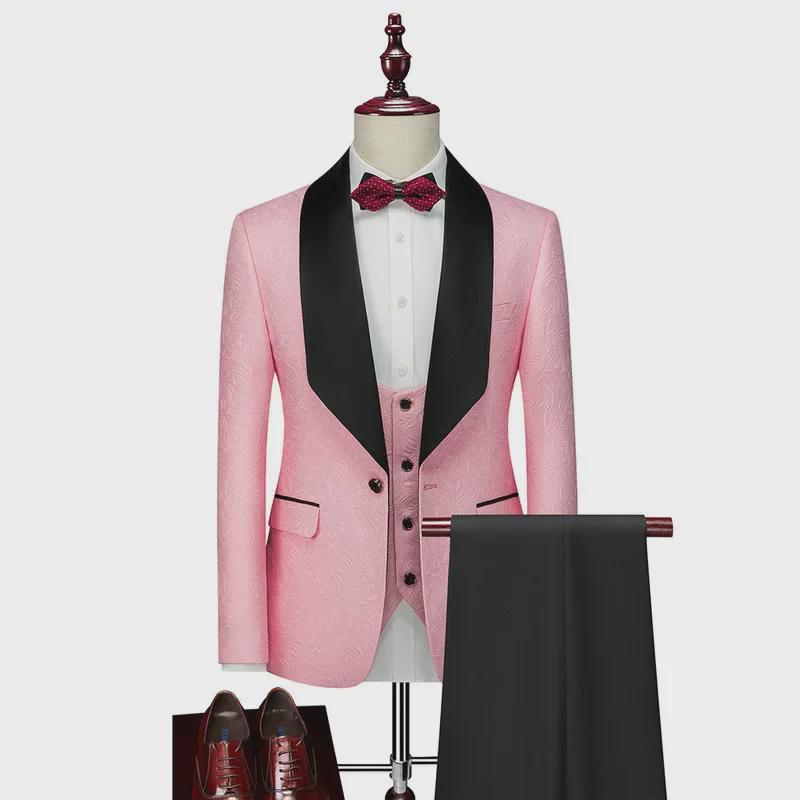 2023 Men's Green Collar Jacquard Suit, Single Button, 3-Piece, Large Size, Ideal for Weddings and Special Occasions.