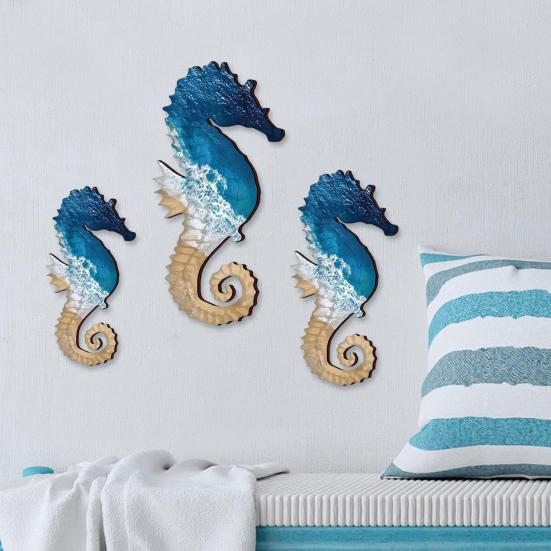 3 Pcs Wood Seahorse Nautical Wall Decor Vintage Sea Life Wall Art Ocean Coastal Lake House Hanging Decoration for Living Room Bedroom
