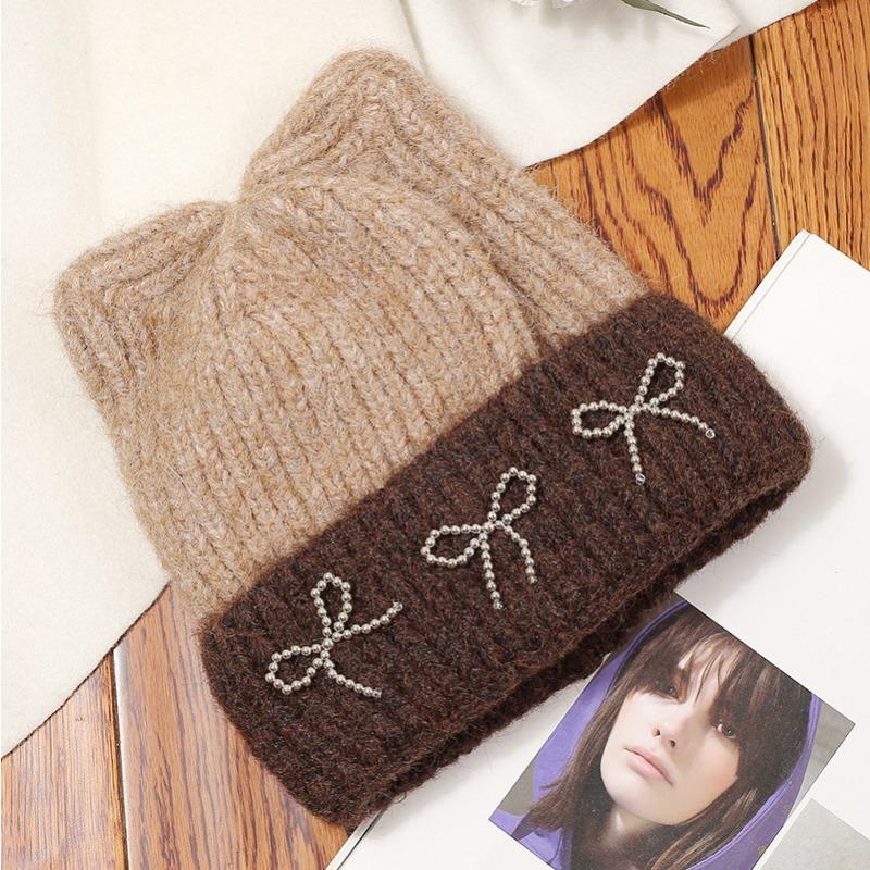 Autumn and Winter New Cute Cat Ears Bow Woolen Hat Versatile Women's Large Head Circumference Ear Protection Knitted Cold Hat