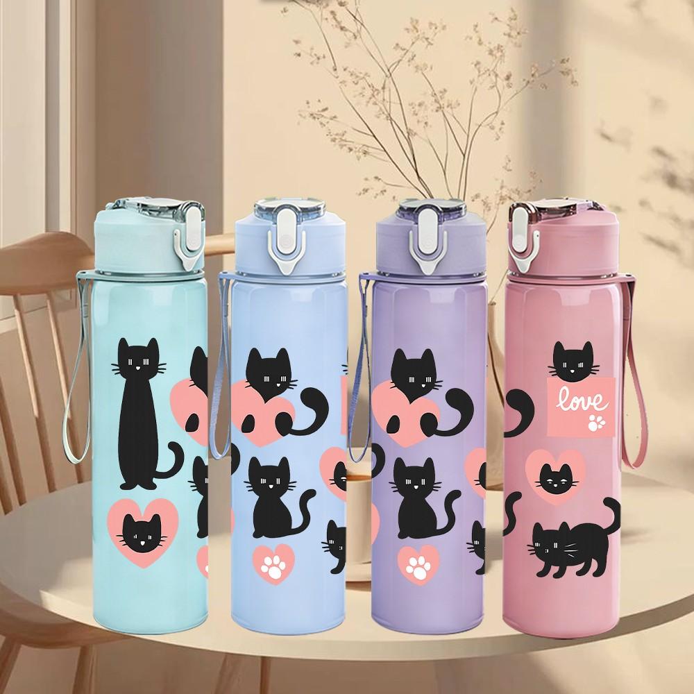 1PC Black Cat Pink Heart Pattern 750ml Color Plastic Sports Water Bottle Leakproof Flip Straw Lid Suitable for Sports Office Home Use