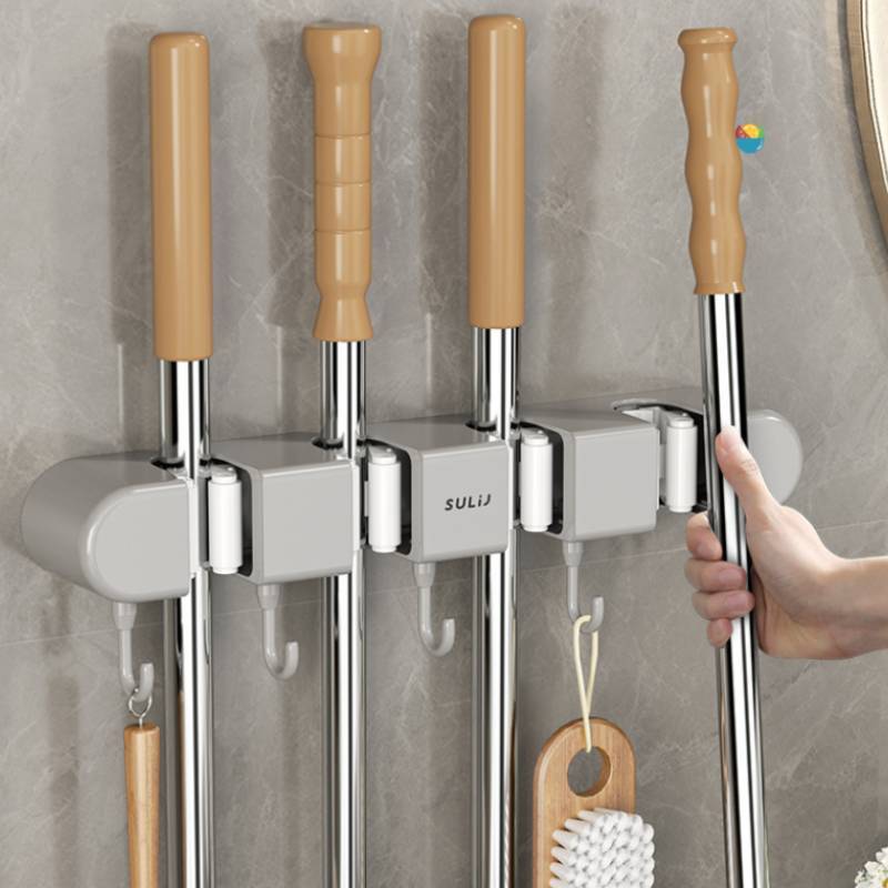 Modern Minimalist Abs Bathroom Wall Mount Mop Holder With Strong Clips And Hooks For Home Organization