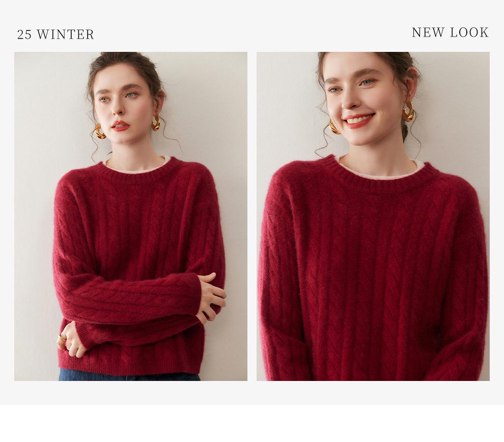 Elegant Women's Color-Block Cable Knit Cashmere Sweater, Round Neck Pullover, Autumn/Winter Style Base Layer Top
