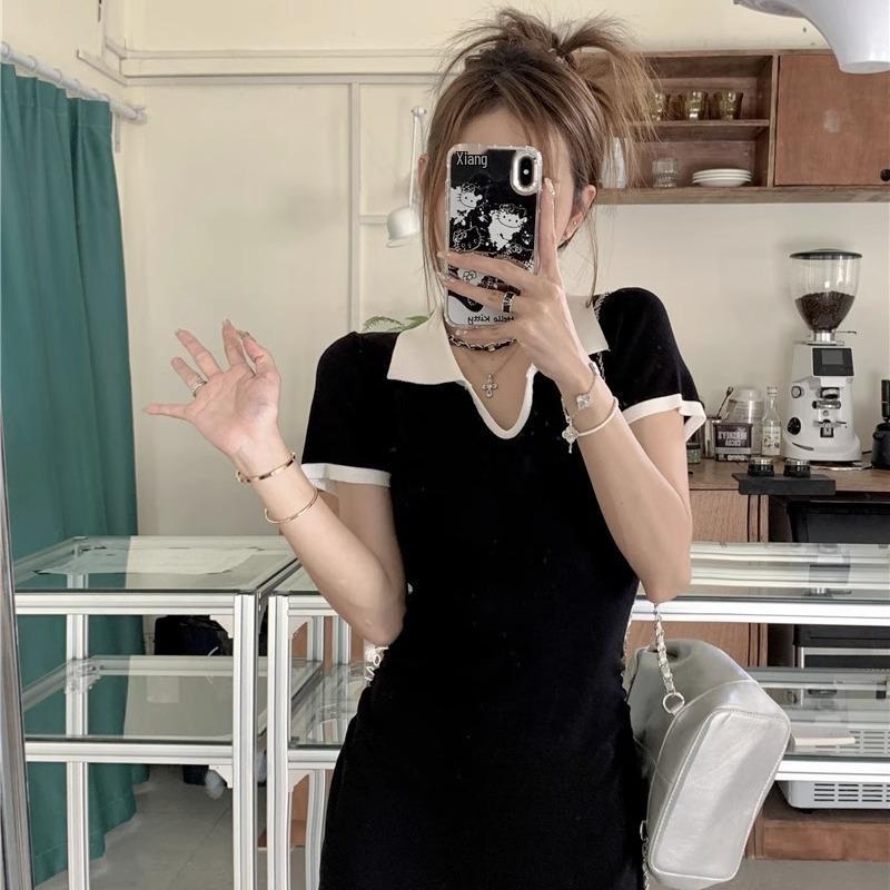 2026 Summer Polo Collar Knit Dress - Women's Slimming A-line Short Sleeve Long Dress
