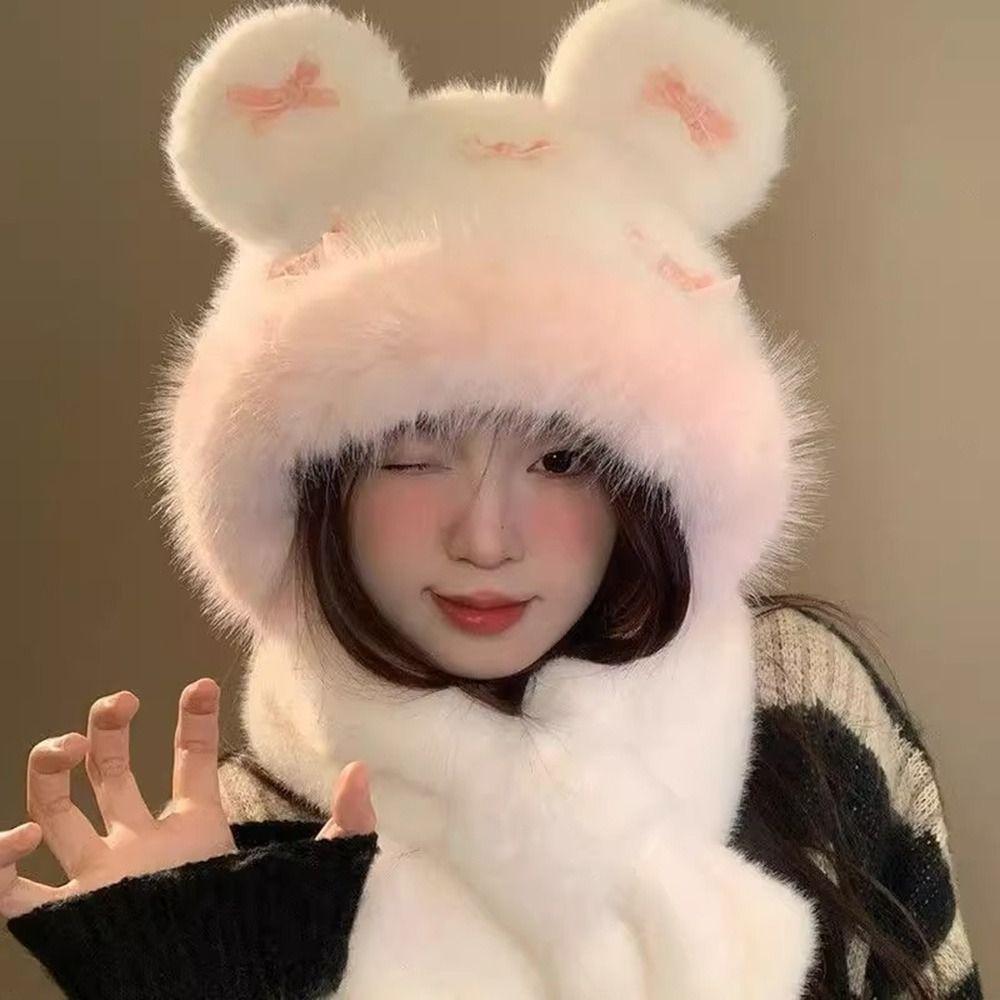 Casual Winter Balaclava Hat Bowknot Windproof Ear Protection Hat Keep Warm Thickened Integrated Scarf Hat Set for Women