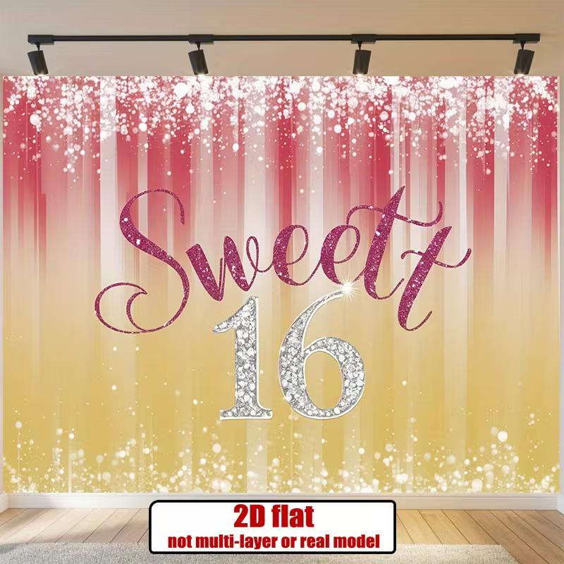 2D Glitter Sweet 16 Backdrop, Pink Gold Sparkle Background for Milestone Celebration 47.2x31.5inch/120*80cm