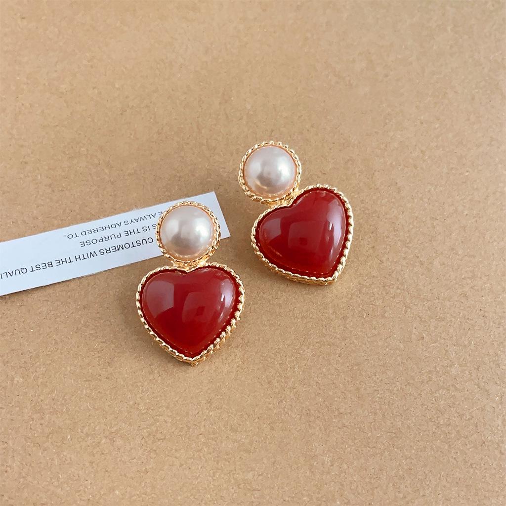 Elegant Retro Red Heart Pearl Earrings for Women - French Style Jewelry