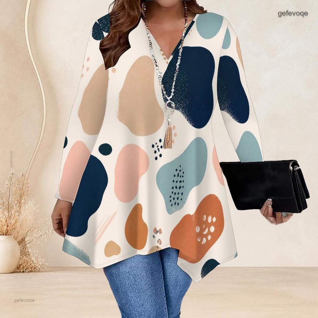 Women Plus Size V Neck Long Sleeve Abstract Leaf Print Irregular Hem Tunic Top