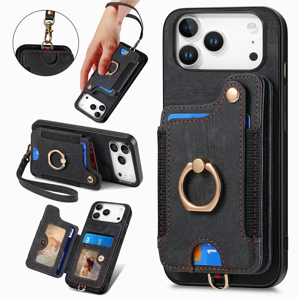 For iPhone 17 Pro Retro PU Leather Case Phone Cover with RFID Blocking Card Holder   /   Ring Holder