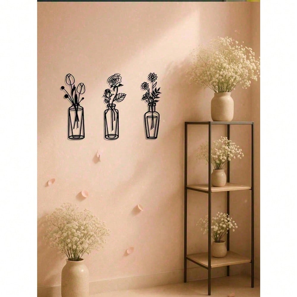 3-Piece Metal Flower Wall Art with Detachable Vase, Rustic Boho Farmhouse Decor