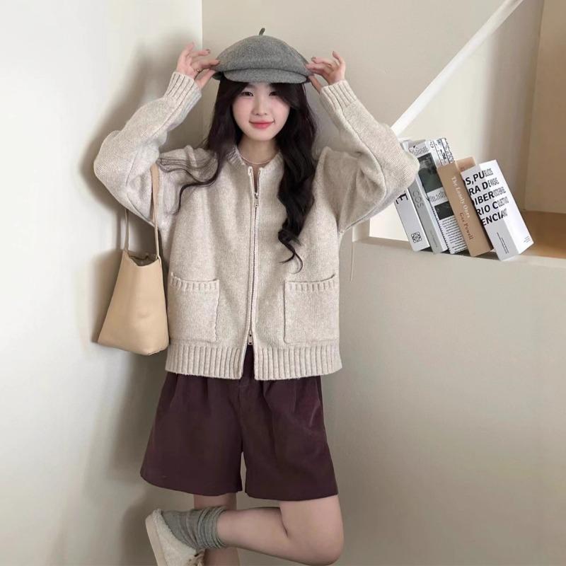 

Осень и зима новый кардиган из мягкого ворсистого трикотажа с круглым вырезом и двойной молнией, женский свободный повседневный ленивый свитер-куртка one size fits all абрикосовый