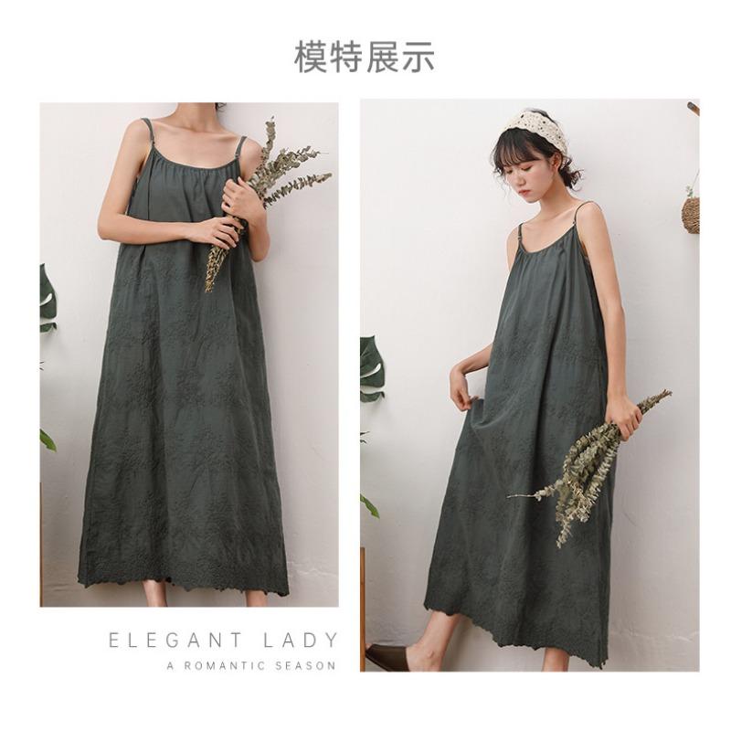 Spring/summer Day Mori Woman Fresh Sweet Solid Color Dress Embroidered Loose Waist with Waistband Base Long Dress