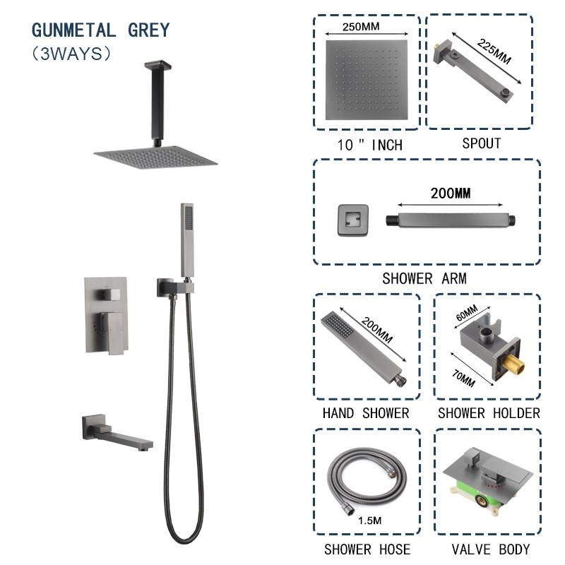 Brass Wall Embed Mount Grey Color 1/2/3 Function Concealed Shower System 10 Inch Top Rain Spray Hand Shower Head Bathroom Faucet