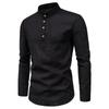 Chemise Homme Mode Coupe Ajustée Couleur Manches Longues Col Montant Business Coton Chanvre Demi-Ouverte
