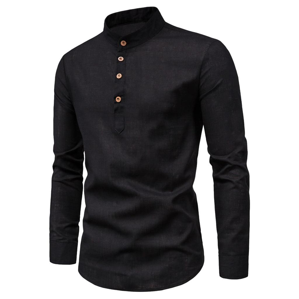 Chemise Homme Mode Coupe Ajustée Couleur Manches Longues Col Montant Business Coton Chanvre Demi-Ouverte