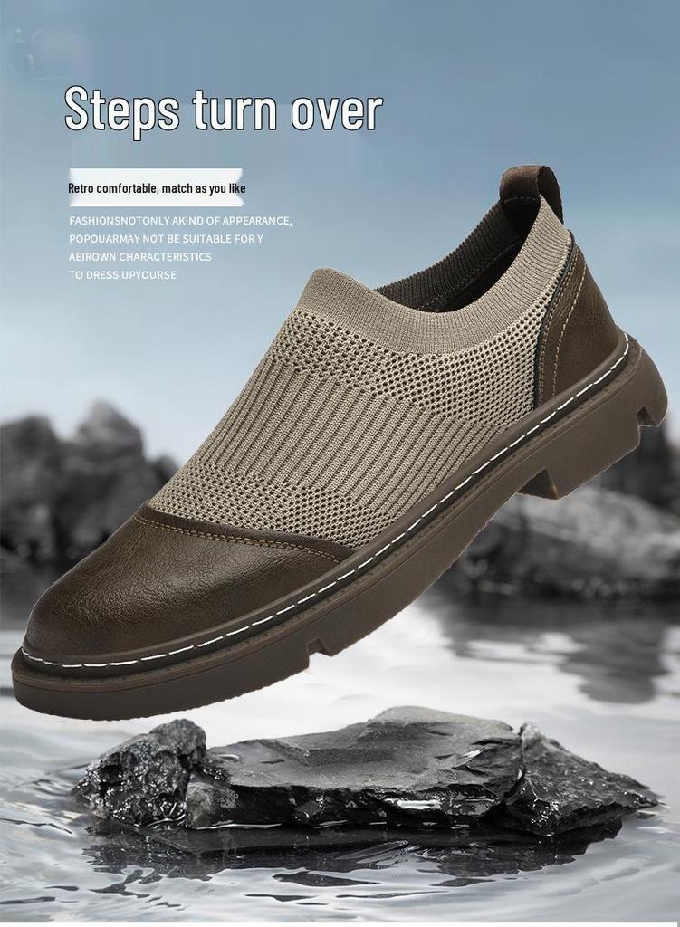 Men's Breathable Knit Mesh Slip-on Loafers - Spring/Summer Casual Low-top, Patchwork Design, Hidden Height Boost, Leather Details