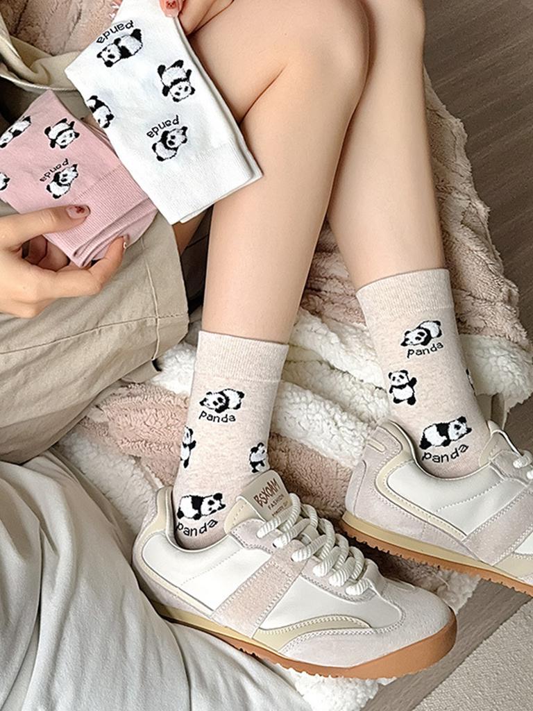 5 Pairs Ladies Cute Cartoon Panda Socks Comfortable Breathable Mid Calf Fun Fashion Stockings for Women