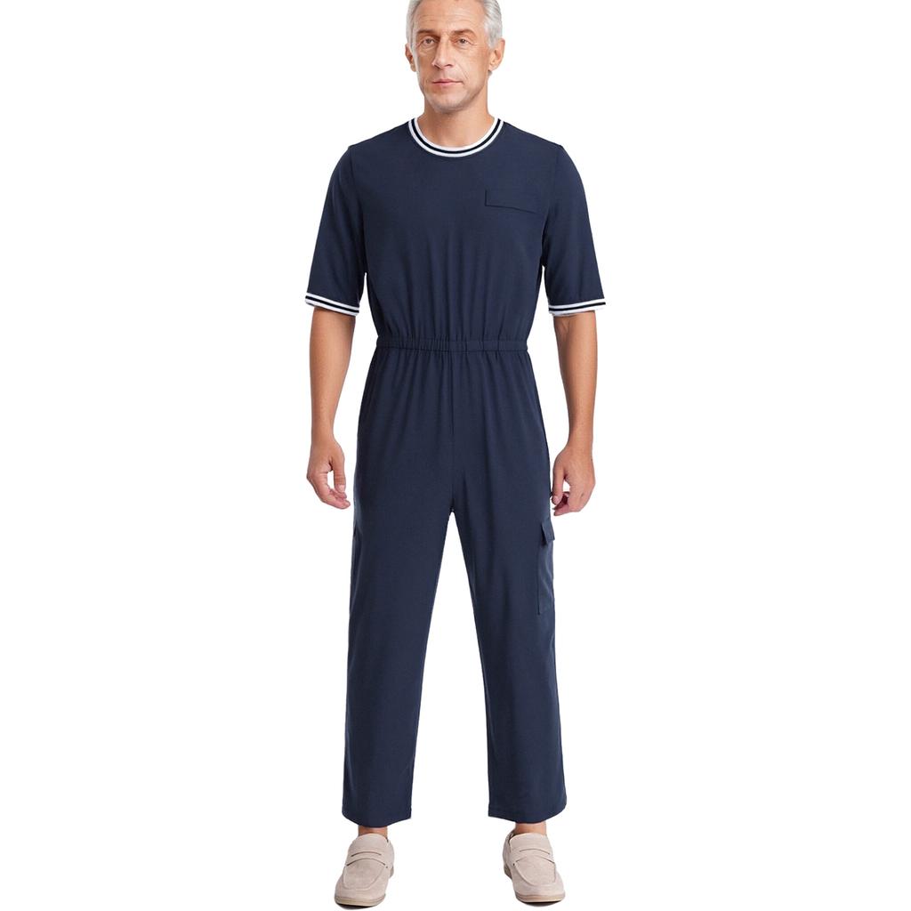 Mono Adaptativo con Cremallera para Hombre Cuello Redondo Media Manga Cintura Elástica Cremallera Trasera Invisible Bolsillo con Solapa Fácil de Poner