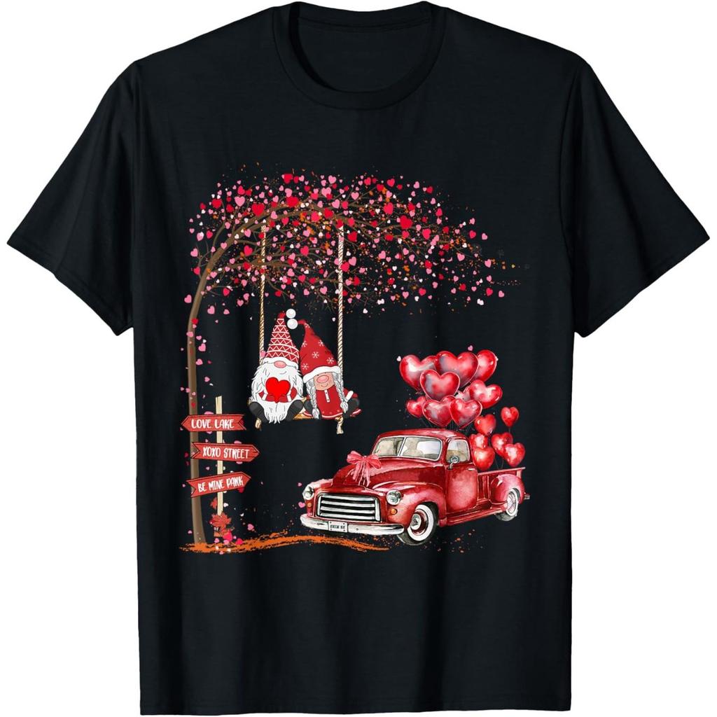 Valentine Gnomes on Swing Truck Red Hearts Graphic Tee Men Women Casual Short Sleeve T-Shirt