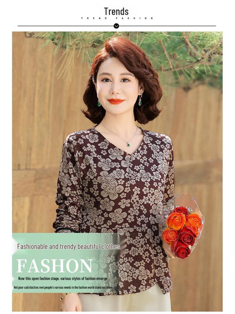 Fashionable Floral V-Neck Blouse for Middle-aged Women - Long-Sleeved Spring Top