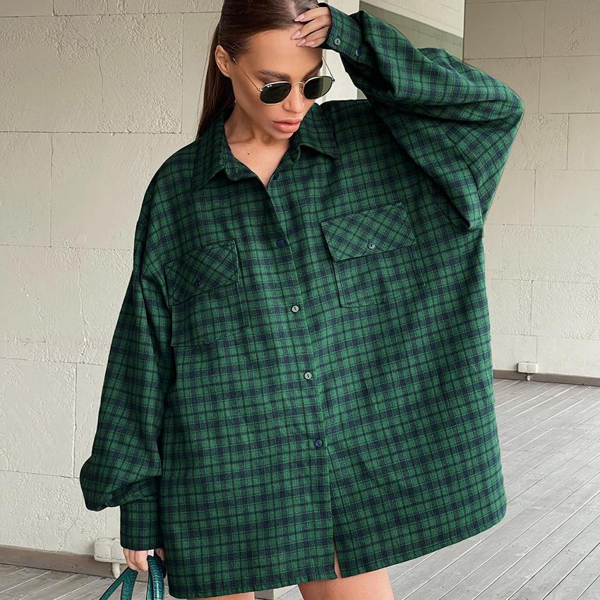 New American Retro Green Plaid Shirt Niche Loose Long Sleeve Shirt Women
