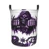 1pc Dokriy Gothic Purple Death Skull Laundry Basket - Foldable Round Storage Hamper with Reinforced Handle, Dark Skull Pattern Suitable for Bedroom,, 