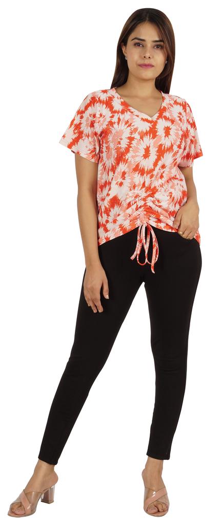 Moomaya Tie Dye Short Sleeve Ruching Tops For Women V-Neck Casual Jersey Tee