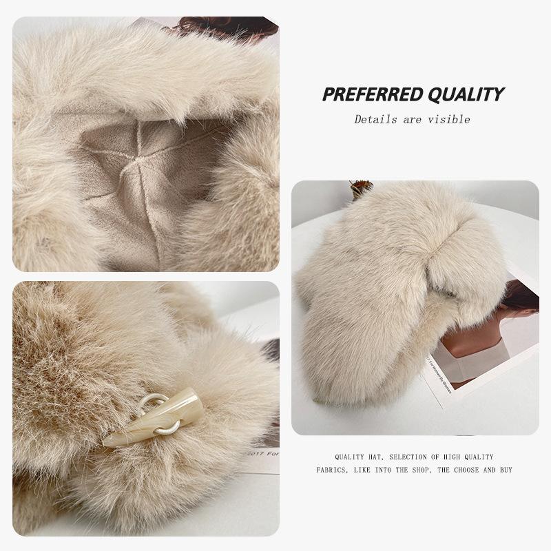 Fluffy Lei Feng hat for women in winter PU Thickened leather warm ear-protecting cold-proof hat for cycling, head wrap for protection from the cold
