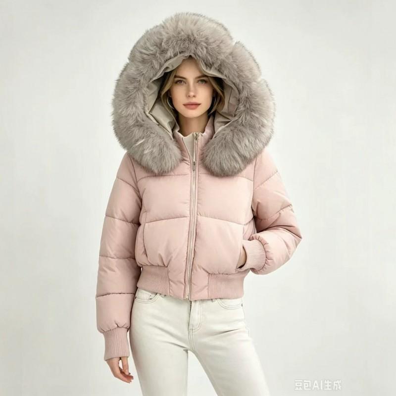Womens Short Winter Puffer Coat With Faux Fur Hood Slim Fit Petite Ladies
