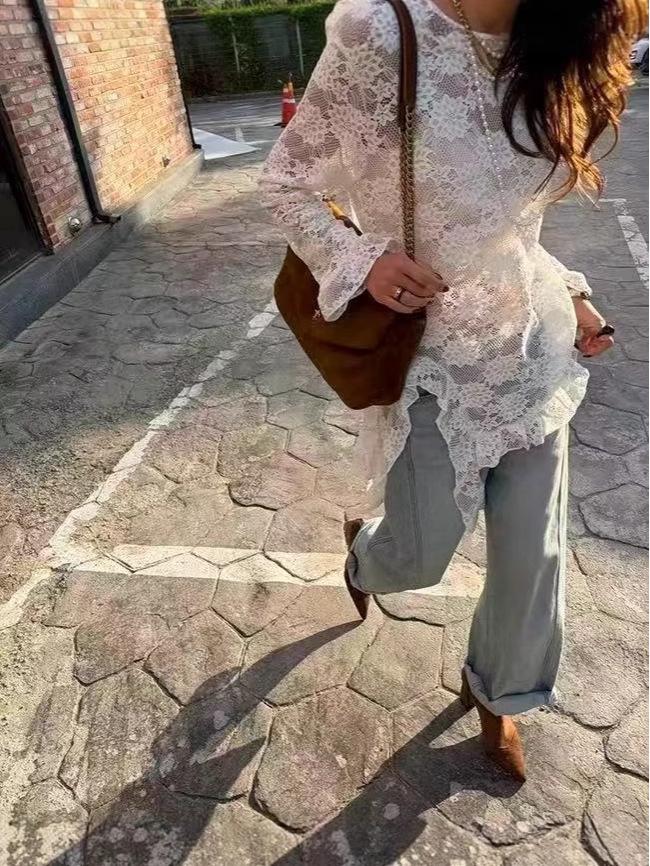 2025 Winter Exquisite Jacquard Lace Long Sleeve Irregular Hem Women's Shirt