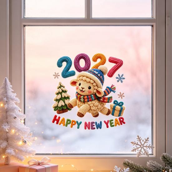 Reusable PVC Window Film Chinese New Year Stickers, 2027 Goat Static Clings, Seasonal Store Decorations Crochet Knit Lamb Decals, Decor for Home Shop