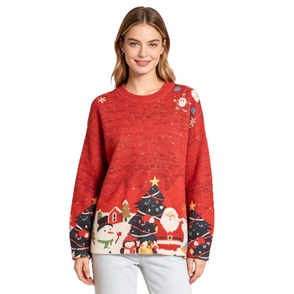 Christmas Sweater 3D Pattern Printed Women's Sweater Pullover, Casual Loose Long-sleeve Knit Crew Neck Top