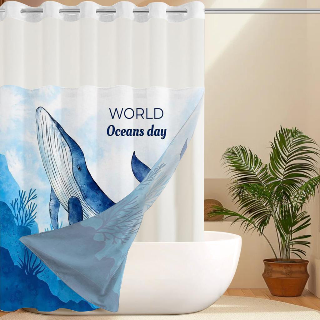 No Hook Whale Pattern Shower Curtain With Snap-in Fabric Liner, Sheer Top Window, Waterproof Double Layer Bathtub Curtain
