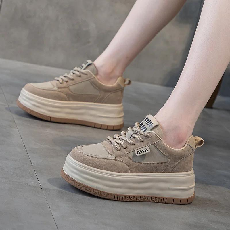 High Quality 7CM Cloth Suede Genuine Leather Fashion Women Autumn Chunky Sneaker Platform Wedge Women Vulcanize New Spring Shoes
