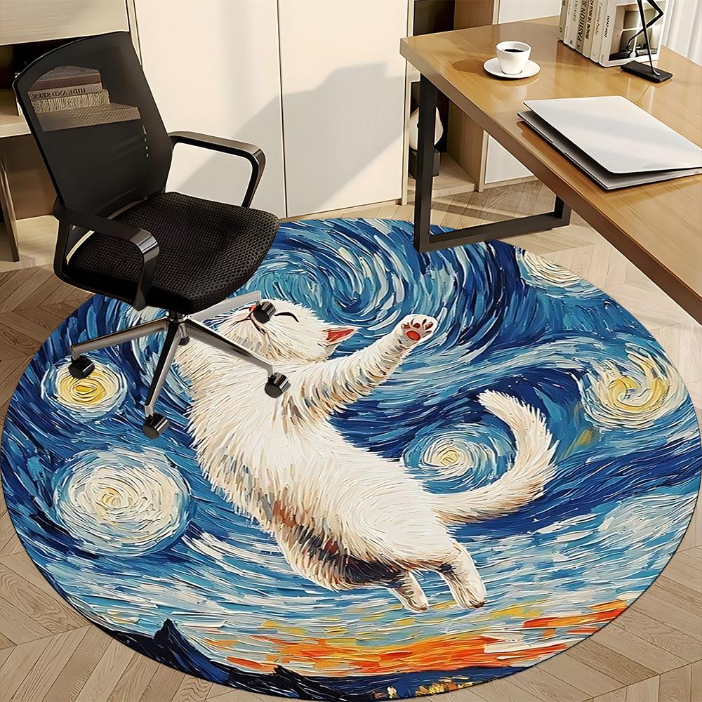 1pc Cat Night Sky Office Round Area Rug, Under Office Chairs Bedroom Living Room Home Decor, Room Deco, Available in Various Sizes
