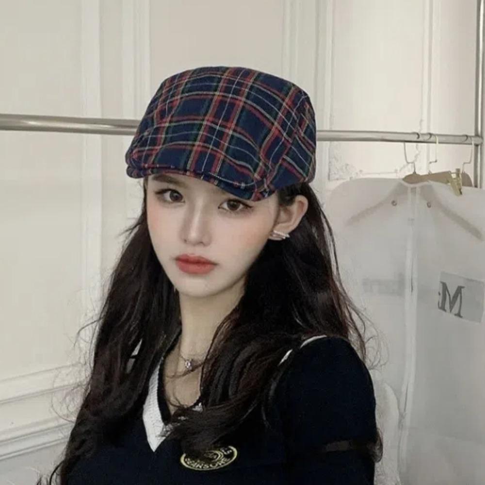 Short Brim Plaid Beret Cap Cotton Women Artist Hat Simple Cloth Painter Cap  Party