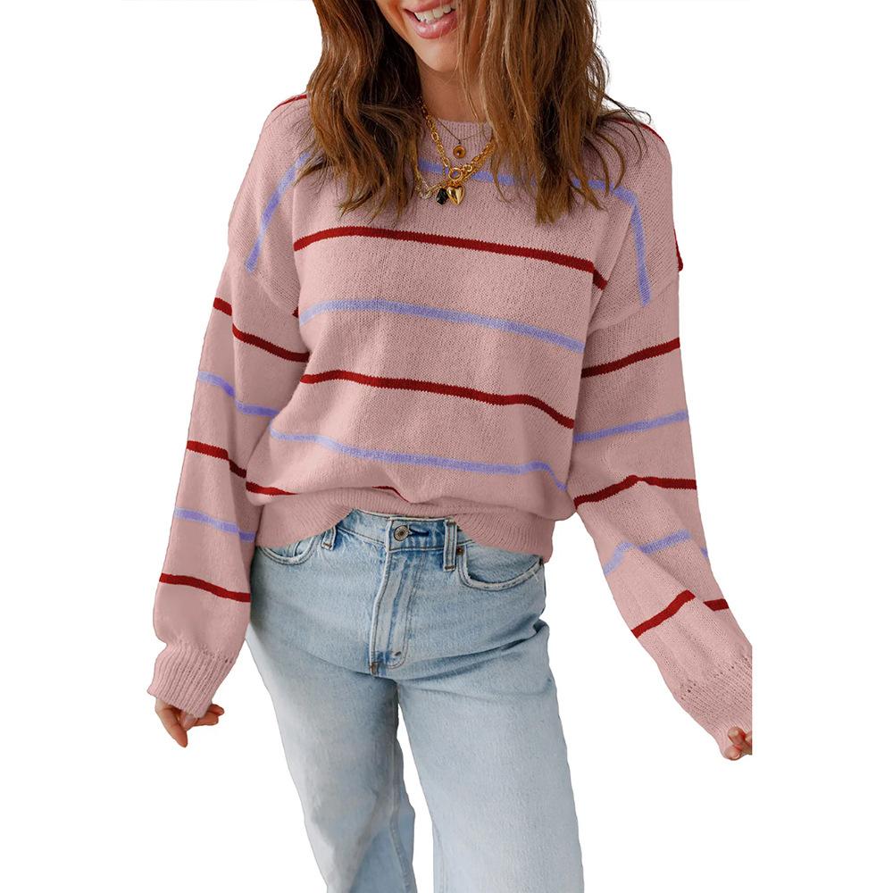 

Casual Colored Striped Pullover Long Sleeved Loose Women s Sweaters XL розовый