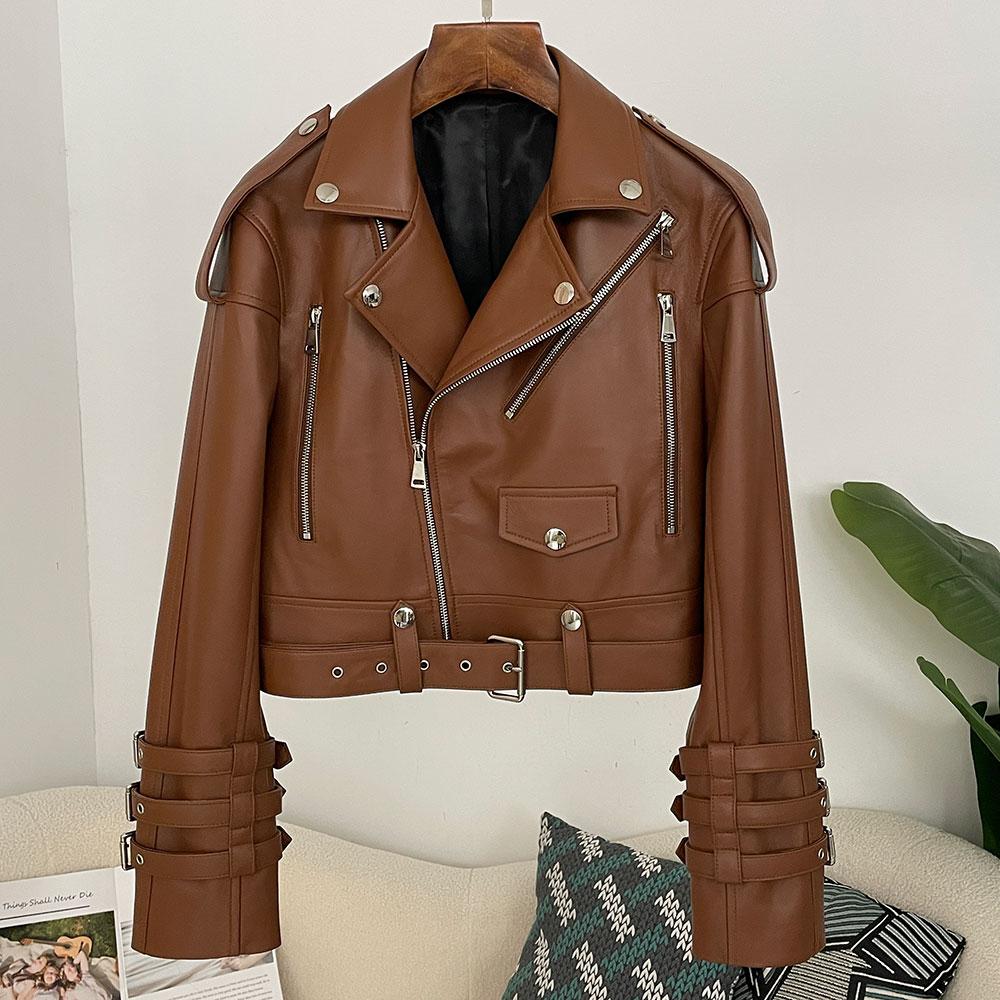 

OFTBUY Женская винтажная свободная короткая куртка из натуральной кожи с завязками на манжетах, мотоциклетная куртка, женская молния, ретро-байкерское пальто, верхняя одежда, топы XS коричневый